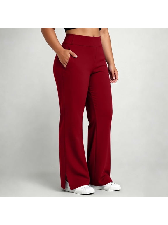 Women's High Waisted Wide Leg Pants, Side Slit Pull-On Casual Pants with Pockets and Front Seam Detail for Everyday Wear