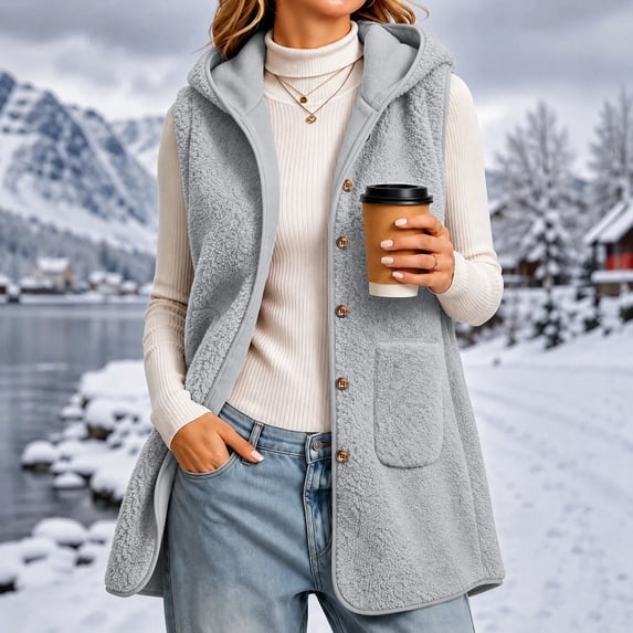 Valufy Women's Hooded Fleece Vest, Button Down Sleeveless Sherpa Gilet with Pockets, Mid-Length Loose Fit Warm Outerwear