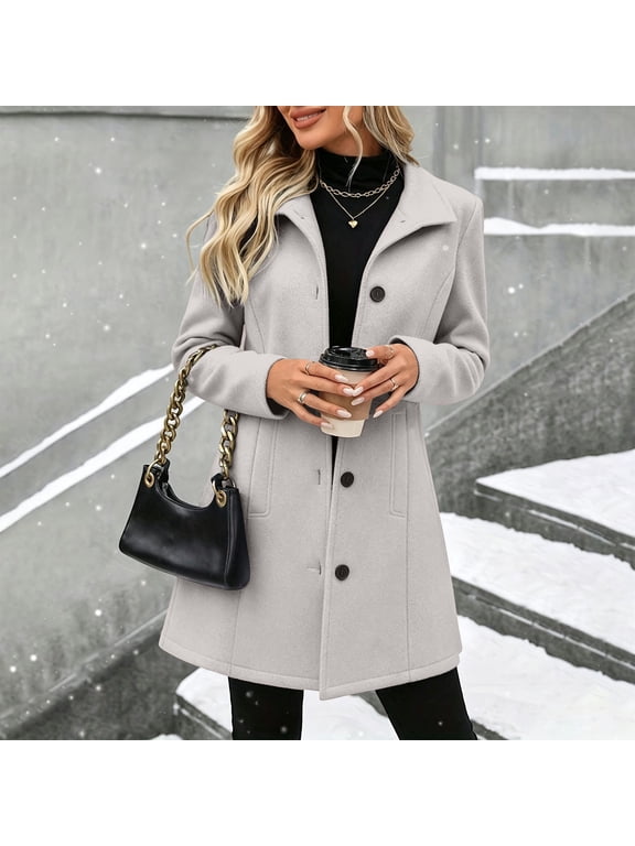 Women's Mid-Length Single Breasted Coat, Long Sleeve Lapel Collar Button Front A-Line Outerwear with Side Pockets, Tailored Casual Jacket for Work Office Daily Wear