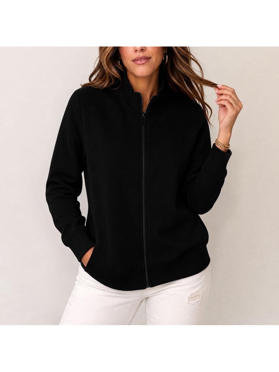 Women's Outerwear Jackets, Stand Collar Zip Front Long Sleeve with Pockets and Ribbed Trim, Casual Daily Wear for Women