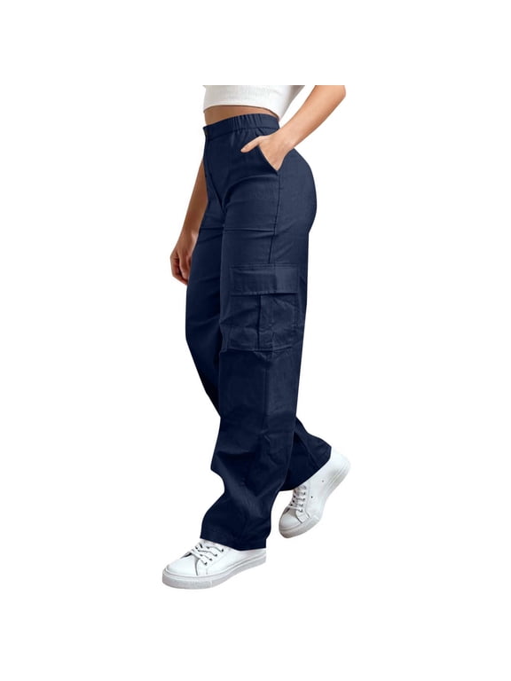 Women's Pants, High Waist Cargo Style with Button Zip Closure Multiple Pockets, Stretch Casual Utility Wear for Work Travel Outdoor and Weekend
