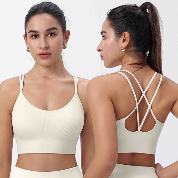 Valufy Women's Sports Bras, Criss Cross Back Strappy Ribbed Seamless Padded with Removable Cups, Medium Support Yoga Workout Running Gym Daily Wear