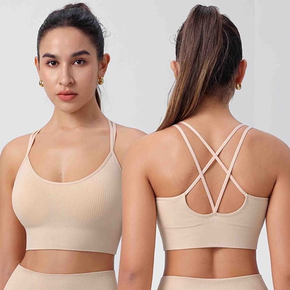 Valufy Women's Sports Bras, Criss Cross Back Strappy Ribbed Seamless Padded with Removable Cups, Medium Support Yoga Workout Running Gym Daily Wear