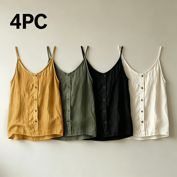 Valufy Women's Tank Top 4 Pack, Spaghetti Straps with Button Detail, Loose Fit Cotton Linen Cami for Summer and Daily Wear