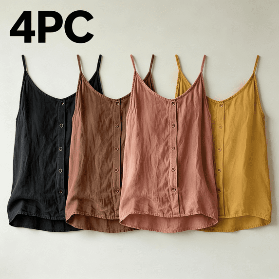 Valufy Women's Tank Top 4 Pack, Spaghetti Straps with Button Detail, Loose Fit Cotton Linen Cami for Summer and Daily Wear