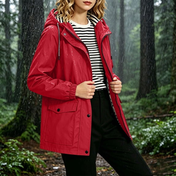 Valufy Women's Waterproof Hooded Rain Jacket, Lightweight Striped Lined Windbreaker with Drawstring Waist and Pockets