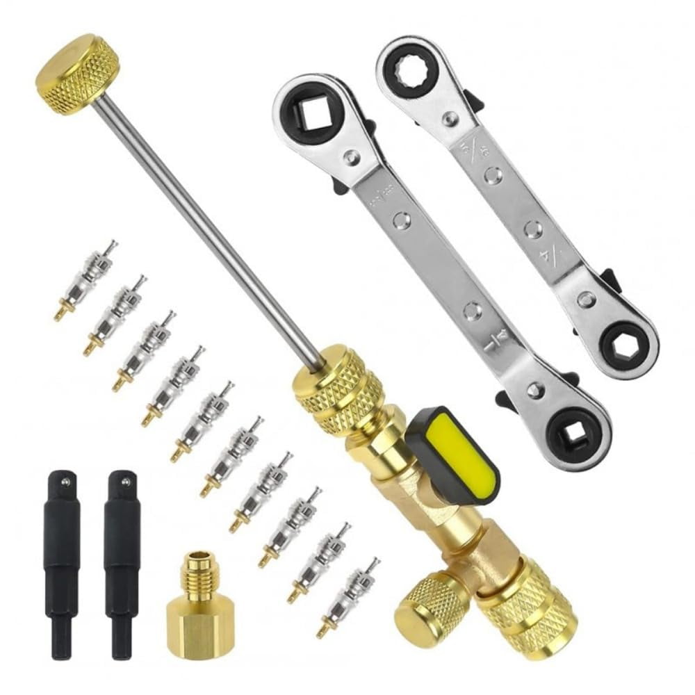Valve Core Remover Installer Tool, HVAC Service Wrench Set With Hex Bit Adapters 3/16 Inch 1/4 Inch 5/16 Inch 3/8 Inch 4 Sizes Air Conditioning Service Wrench Kit