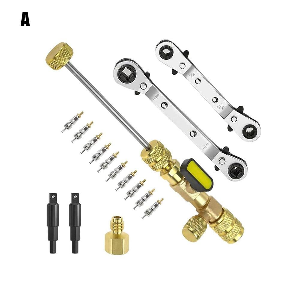 Valve Core Remover Installer Tool HVAC Service Wrench with Hex Bit Ad