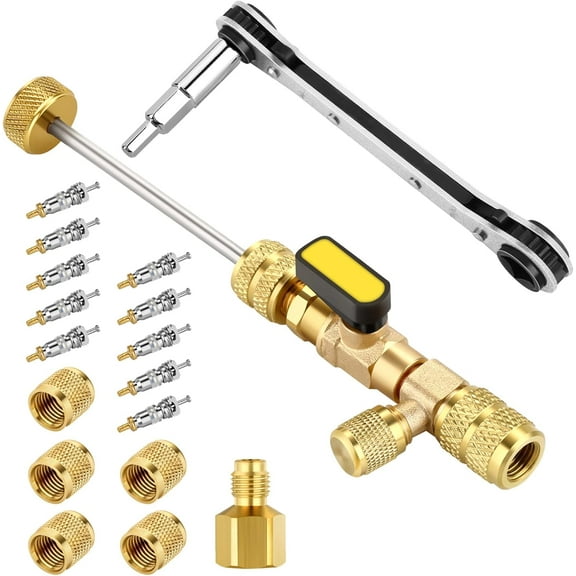 Valve Core Remover Tool and HVAC Service Wrench Set with Hex Bit Adapter, Dual Size SAE 1/4 & 5/16 Port, 10 PCS Valve Cores with Teflon Seal, 5 PCS Brass Nuts for HVAC Equipments Repair