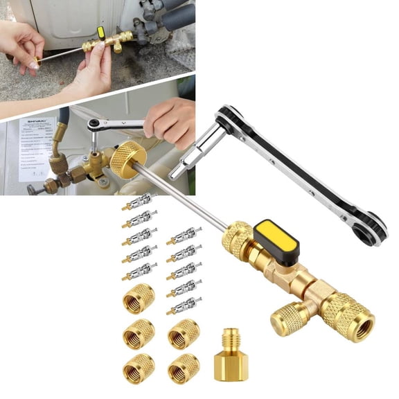 Valve Core Remover Tool and HVAC Service Wrench Set with Hex Bit Adapter, Dual Size SAE 1/4 & 5/16 Port, 10 PCS Valve Cores with Teflon Seal, 5 PCS Brass Nuts for HVAC Equipments Repair