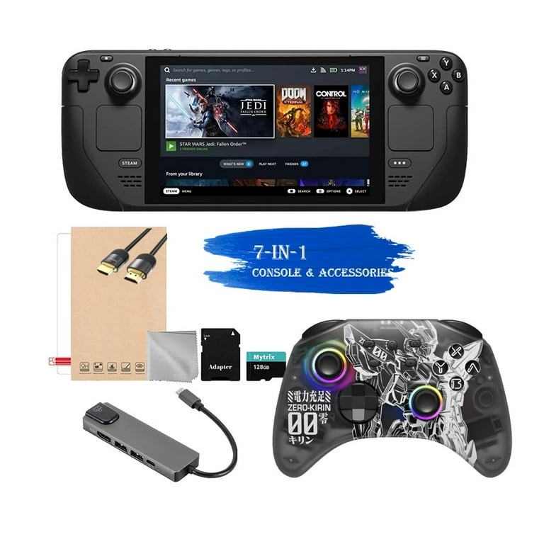 Valve Steam Deck 256GB Handheld Console, 7-inch Touchscreen, 1280x800 Resolution, Ergonomic Design, Mytrix Zero-Kirin Wireless Pro Controller, Hub,
