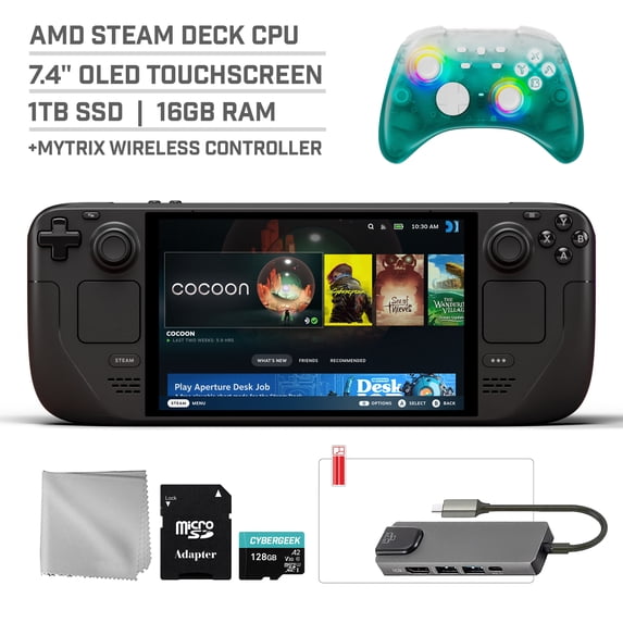 Valve Steam Deck OLED 1TB SSD Gaming Handheld 7.4-inch Touchscreen 1280x800 Resolution, Ergonomic Design, Mytrix Black Ice Hall Effect Wireless Pro Controller, Hub, 128GB MicroSD Card, 6 in 1 Bundle