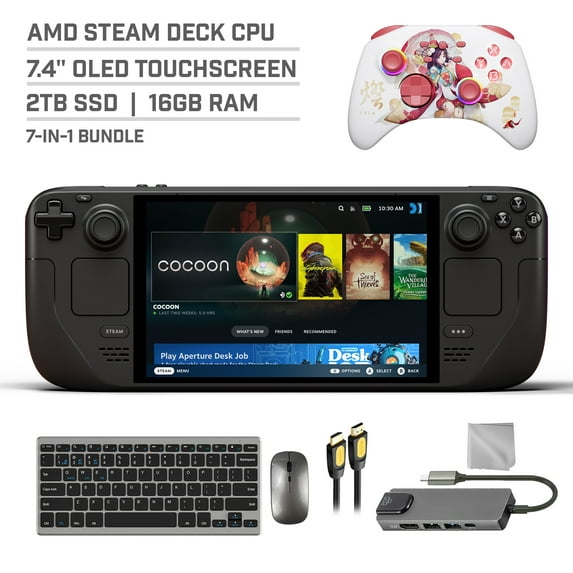 Valve Steam Deck OLED 2TB SSD Gaming Handheld 7.4-inch Touchscreen 1280x800 Resolution, Ergonomic Design, Mytrix Touro Wireless Pro Controller, Hub, Keyboard & Mouse Combo, 7 in 1 Bundle