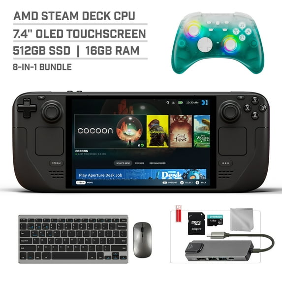 Valve Steam Deck OLED 512GB SSD Gaming Handheld 7.4-inch Touchscreen 1280x800 Resolution, Ergonomic Design, Mytrix Black Ice Wireless Pro Controller, Hub, 128GB MicroSD, Keyboard&Mouse, 8 in 1 Bundle