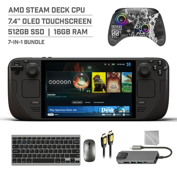 Valve Steam Deck OLED 512GB SSD Gaming Handheld 7.4-inch Touchscreen 1280x800 Resolution, Ergonomic Design, Mytrix Zero-Kirin Wireless Pro Controller, Hub, Keyboard & Mouse Combo, 7 in 1 Bundle
