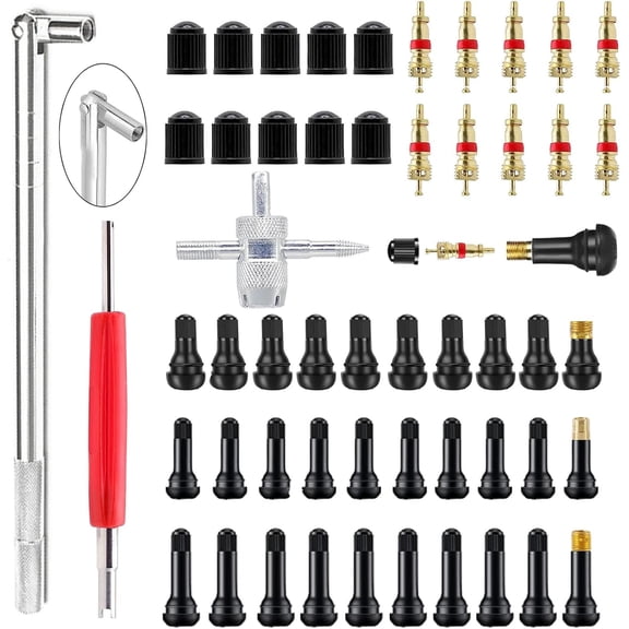 Valve Stem Puller Installer Tool, 10pcs TR412,10pcs TR413,10Pcs TR414, Snap-in Valve Stems & Caps,10pcs Copper Valve Stem Cores, 4 Way Valve Core Remover & Dual Single Head Valve Core Remover