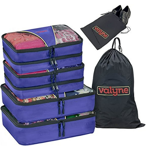 Valyne Mesh Nylon 6-pcs Packing Cubes Set, Travel Accessories Luggage Organizer Bags with Laundry /Shoe Bag (Medium Packs Double Compartment) (Dark Blue)