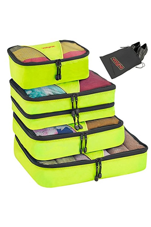 Packing Cubes 4-pcs Set, Luggage Travel Organizer Bags with a Free Laundry/shoe Bag (Medium Bag Double Compartment) (Green)