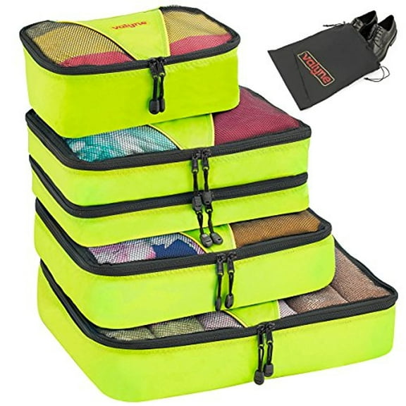 Valyne Packing Cubes 4-pcs Set, Luggage Travel Organizer Bags with a Free Laundry/shoe Bag (Medium Bag Double Compartment) (Green)