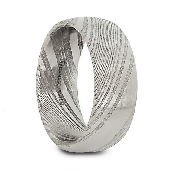 Valyrian Domed Brushed Damascus Steel Mens Wedding Band With A Vivid Etched Design
