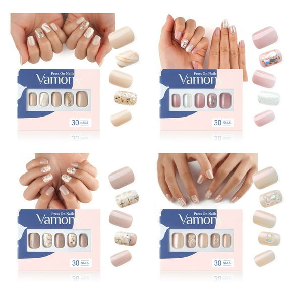 Vamony 120 Pcs Short Square Press on Flase Nails, Full Cover Fake Nails Kit with Adhesive Tabs, Mani Sticks and Files, Artificial Nails Gift for Girls Women, 4 Packs Stick on Nails Nudes Pink