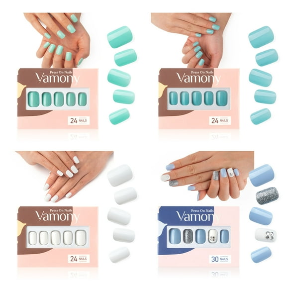 Vamony Press on Nails Short, 108 Pcs Square Fake Nails, Press-on Nails Kit with Adhesive Tabs, Mani Sticks and Files, Artificial Nails Gift for Girls Women, 4 Packs, Fresh Summer Nail Art Sets