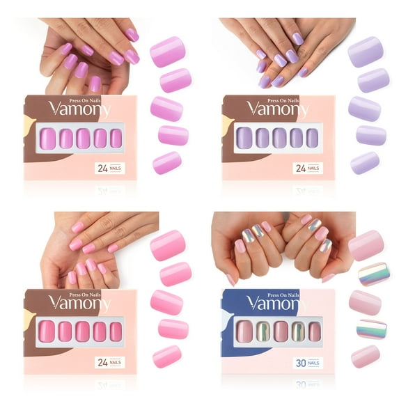 Vamony Press on Nails Short, 108 Pcs Square Fake Nails, Press-on Nails Kit with Adhesive Tabs, Mani Sticks and Files, Artificial Nails Gift for Girls Women, 4 Packs, Must-try Pink Purple Nails Set