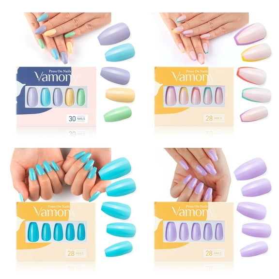 Vamony 112 Pcs Press on Nails, Short Coffin Fake Nails Tips Kit with Adhesive Tabs, Mani Sticks and Files, 4×28 Count Macaron French False Nails Gift for Girls Women