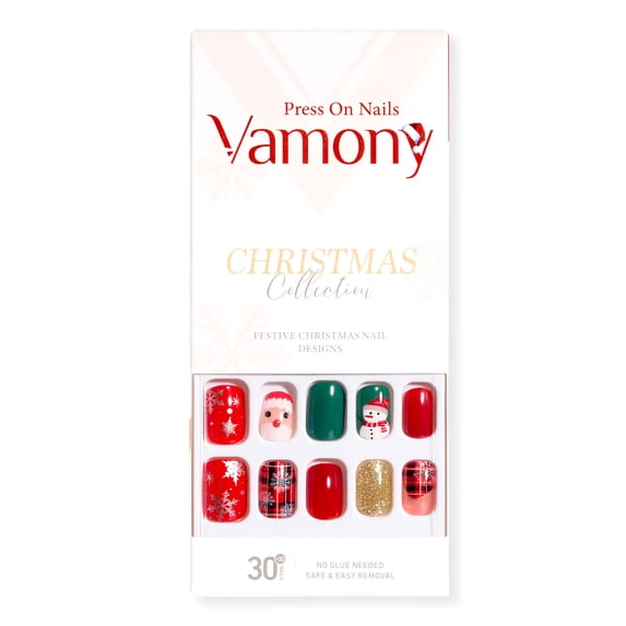 Vamony Press on Nails, Short Square False Nails Tips Kit with Adhesive Tabs, Mani Sticks and Files, 60 Count Xmas02 French Fake Nails Set Gift for Girls Women