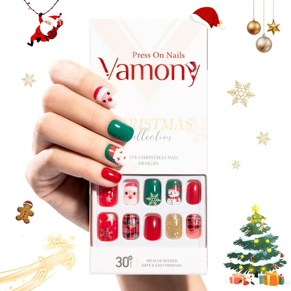Vamony Press on Nails, Short Square False Nails Tips Kit with Adhesive Tabs, Mani Sticks and Files, 60 Count Xmas02 French Fake Nails Set Gift for Girls Women