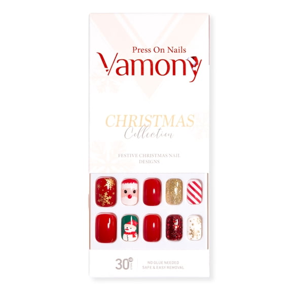 Vamony Press on Nails, Short Square False Nails Tips Kit with Adhesive Tabs, Mani Sticks and Files, 60 Count Xmas03 French Fake Nails Set Gift for Girls Women