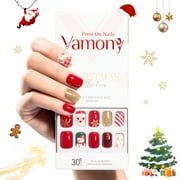 Vamony Press on Nails, Short Square False Nails Tips Kit with Adhesive Tabs, Mani Sticks and Files, 60 Count Xmas03 French Fake Nails Set Gift for Girls Women