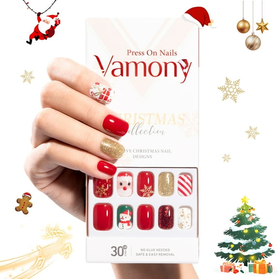 Vamony Press on Nails, Short Square False Nails Tips Kit with Adhesive Tabs, Mani Sticks and Files, 60 Count Xmas03 French Fake Nails Set Gift for Girls Women