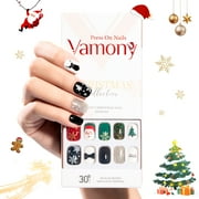 Vamony Press on Nails, Short Square False Nails Tips Kit with Adhesive Tabs, Mani Sticks and Files, 60 Count Xmas05 French Fake Nails Set Gift for Girls Women