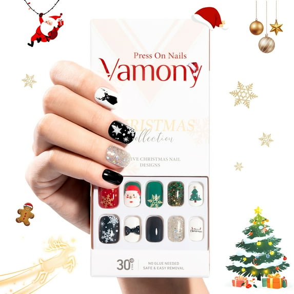 Vamony Press on Nails, Short Square False Nails Tips Kit with Adhesive Tabs, Mani Sticks and Files, 60 Count Xmas05 French Fake Nails Set Gift for Girls Women