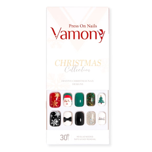 Vamony Press on Nails, Short Square False Nails Tips Kit with Adhesive Tabs, Mani Sticks and Files, 60 Count Xmas05 French Fake Nails Set Gift for Girls Women