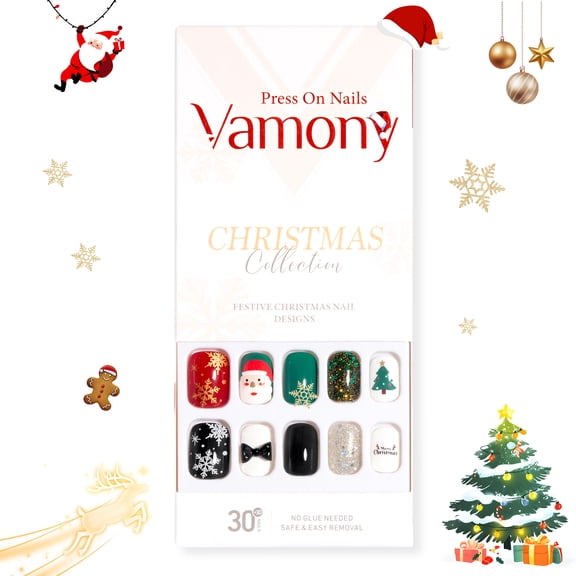 Vamony Press on Nails, Short Square False Nails Tips Kit with Adhesive Tabs, Mani Sticks and Files, 60 Count Xmas05 French Fake Nails Set Christmas Gift for Girls Women