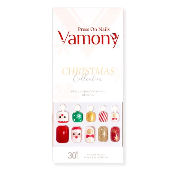 Vamony Press on Nails, Short Square False Nails Tips Kit with Adhesive Tabs, Mani Sticks and Files, 60 Count Xmas06 French Fake Nails Set Gift for Mom & Kids