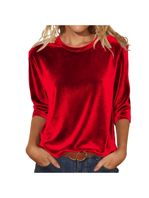 Velvet Tops for Women 3/4 Sleeve Shirts Vintage Velour Tops Going out Shirt Party Holiday Elegant Blouses