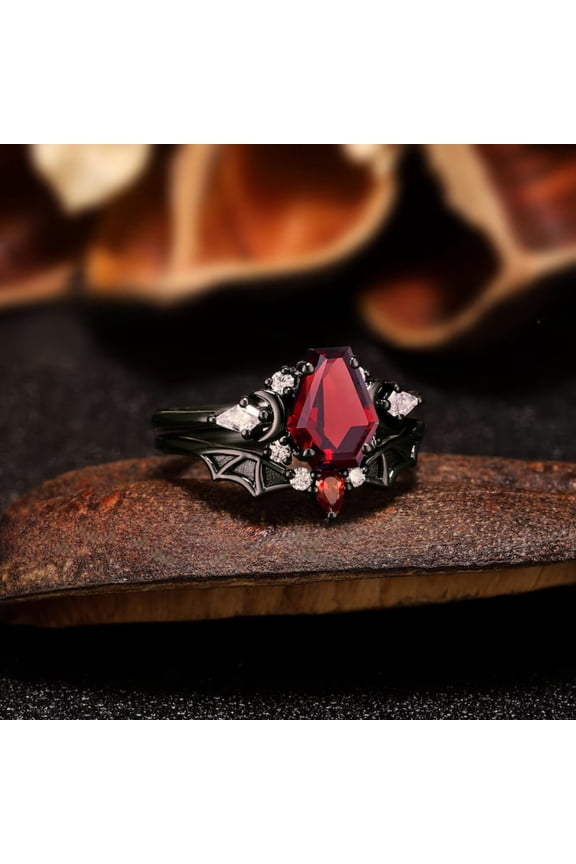 Vampire Coffin Garnet Engagement Ring Set – Gothic Bat Wing Wedding Band in 14K Black Gold Vermeil | Unique Anniversary Ring for Women