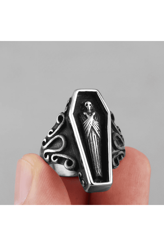 Vampire Coffin Ghost 14K White Gold Mens Rings Gothic Punk Unique Cool for Male Boyfriend Jewelry Creativity Gift