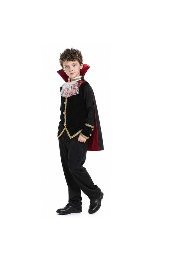 Vampire Cosplay, Vampire Cos, Vampire Outfits, Classic Vampire Lord Costume Set, Black Velvet Jacket Red Lined Cape Gold Trim Full Outfit, Gothic Vampire Cosplay Suit for Halloween Party, Black L