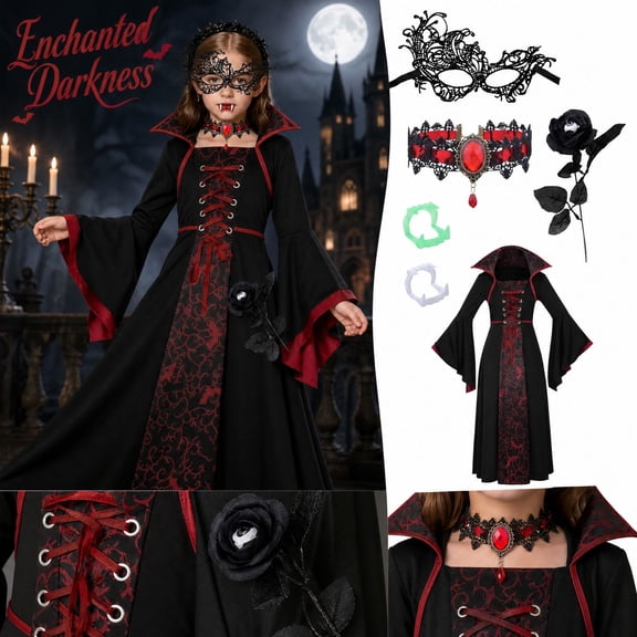 Vampire Costume, Draculaura Costume, Medieval Dress Costume, Womens Halloween Vampire Costume Medieval Gothic Dress Set for Cosplay Party Carnival Dress Up and Themed Holiday Gathering