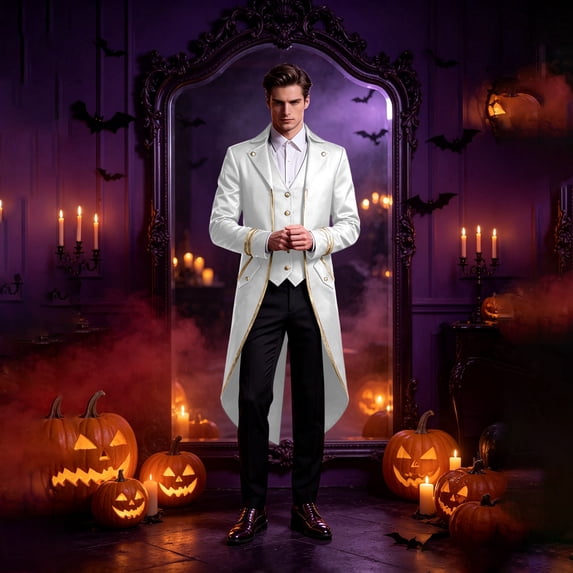 Vampire Costume, Victorian Tailcoat, Tailcoat Tuxedo Jacket, Pirate Coat, Mens Pirate Coat Steampunk Tailcoat Halloween | Medieval Gothic Vampire Frock Coat, Joker Costume , Theme Party, White S