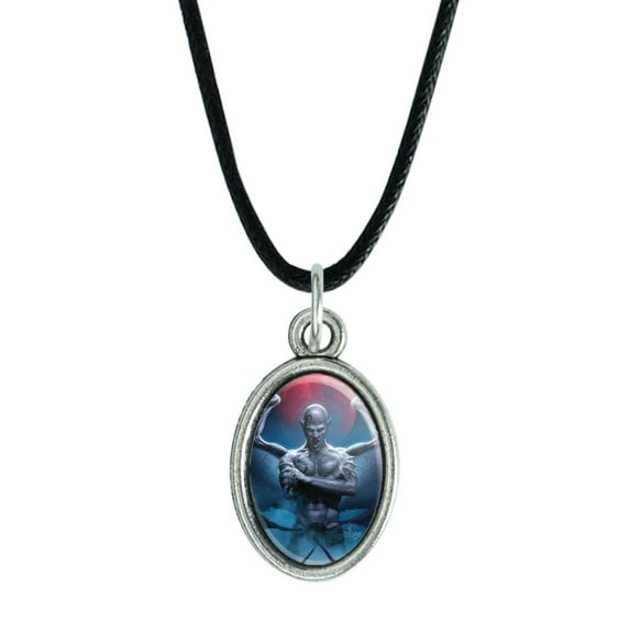 Vampire Demon Blood Moon Fantasy Antiqued Oval Charm Pendant with Black Satin Cord