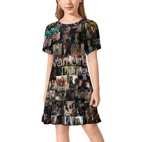 Vampire Diaries Girls Short Sleeve Dress Soft Cute Designs Dresses Casual T-Shirt Dress 110CM