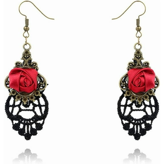 Vampire Earrings for Women Vintage Black Lace Red Rose Flower Dangle Earrings Gothic Punk Rhinestone Tassel Drop Earrings Halloween Party Jewelry Gift