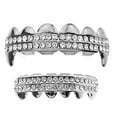 thumbnail image 1 of Vampire Fang Grillz Set Two Row Silver Tone Top Fangs & Bottom Teeth Bling Grills, 1 of 5