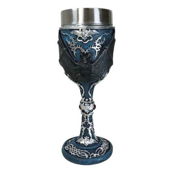 Vampire Flying Bat Blue With Silver Knotwork Scroll Patterns Wine Goblet Chalice