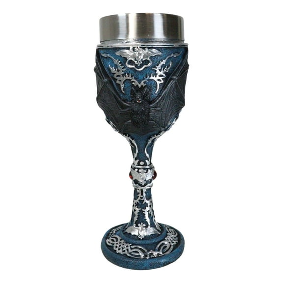 Vampire Flying Bat Blue With Silver Knotwork Scroll Patterns Wine Goblet Chalice
